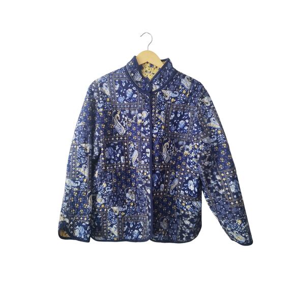 Handmade Floral/Paisley Print Quilted Reversible Jacket Blue/Yellow Size L/XL - Picture 1 of 4